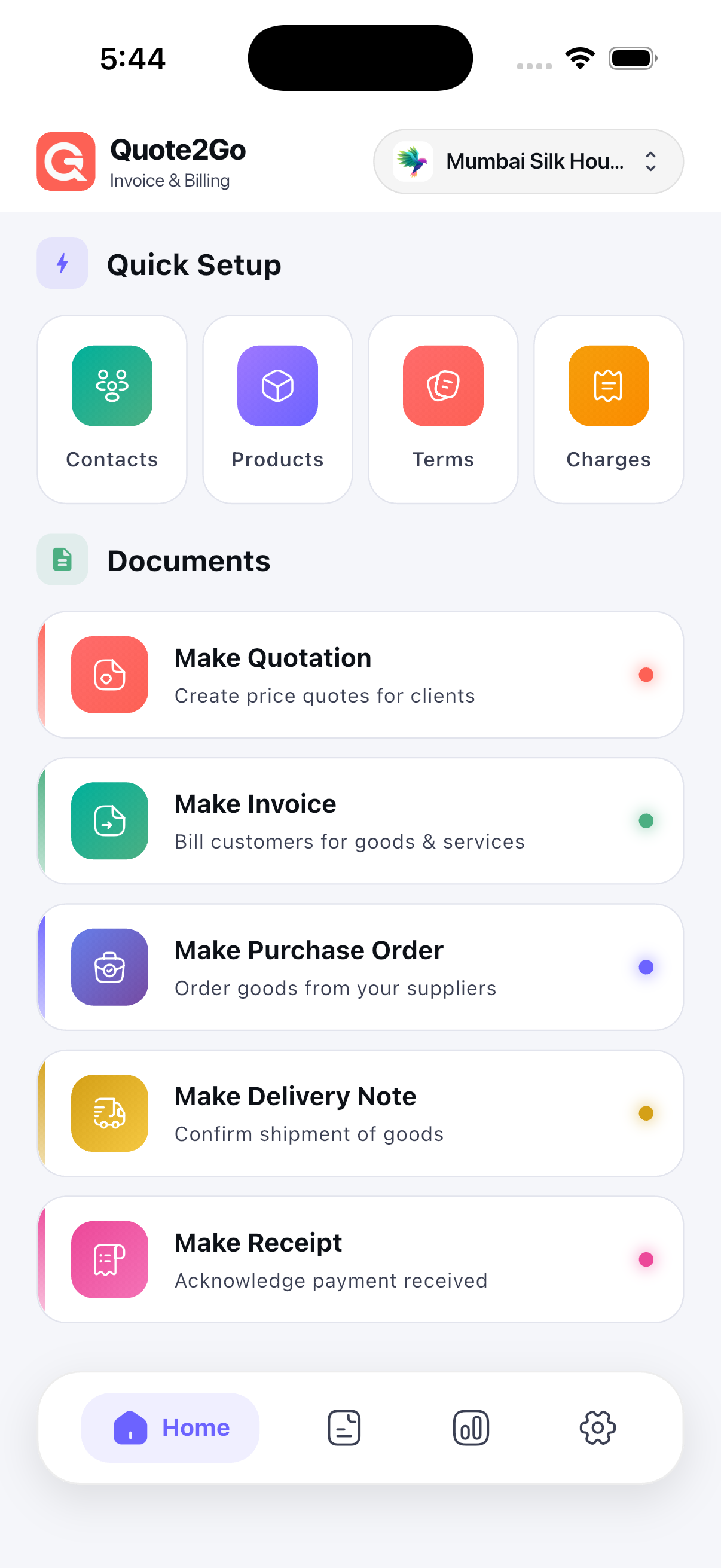 Quote2Go home screen showing invoice, quotation and document creation options